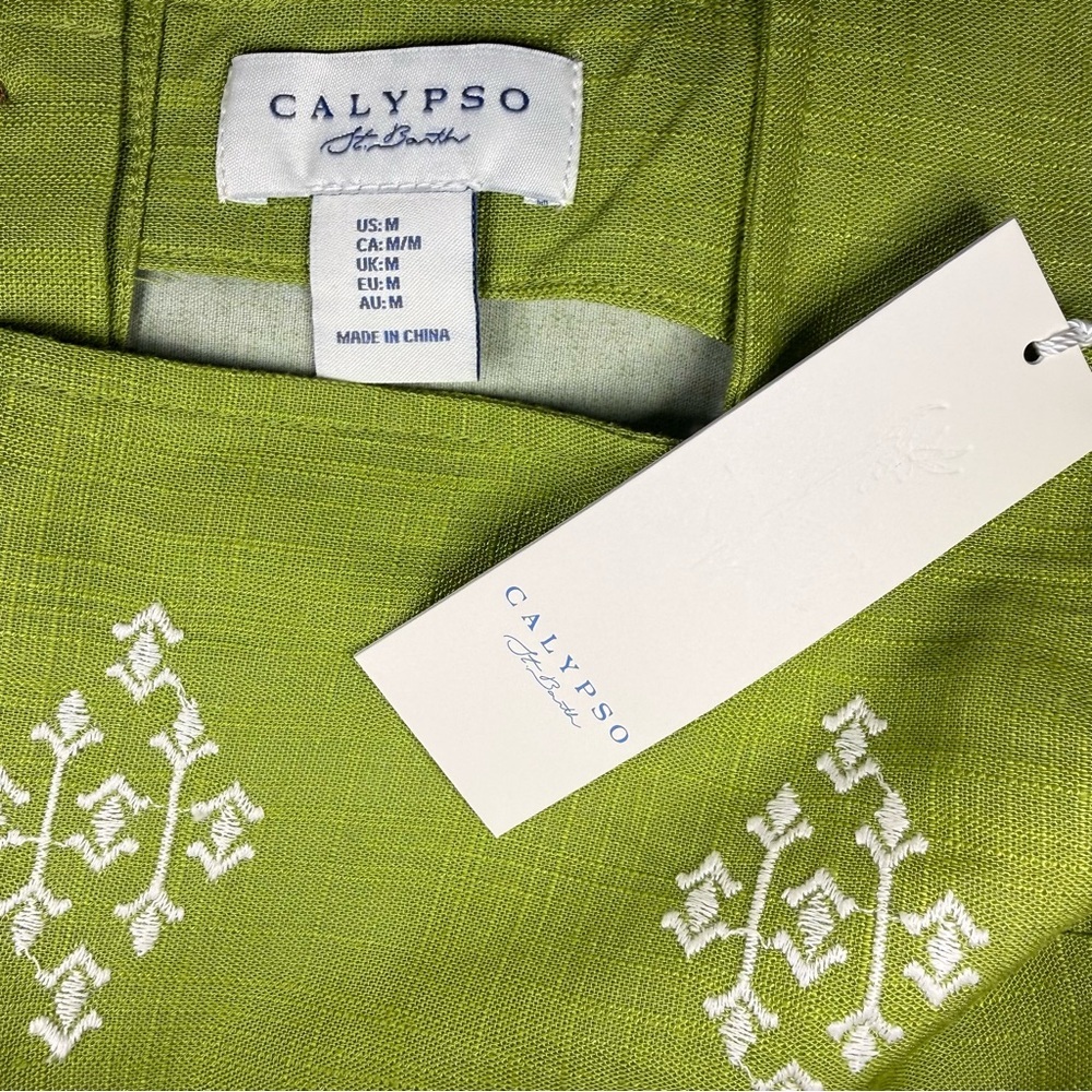 NWT Medium Linen Calypso St. Barth Green Embroidered Crop Tank Resortwear Summer - Picture 4 of 8